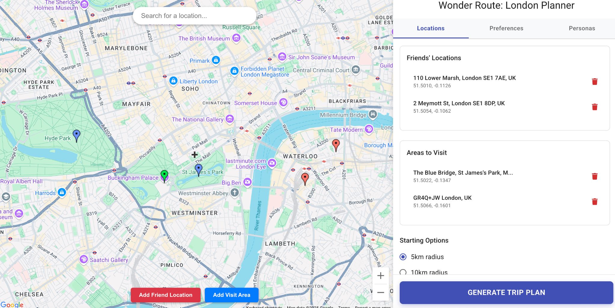 WonderRoute trip planner interface